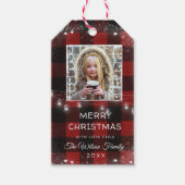 Étiquettes-cadeau Chaîne rustique éclaire la neige Flake Rouge Plaid (Devant)