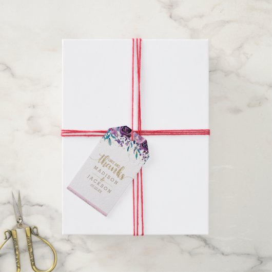 Étiquettes-cadeau Champagne Floral Violet Or Mariage Amour & Merci (Avec de la ficelle)