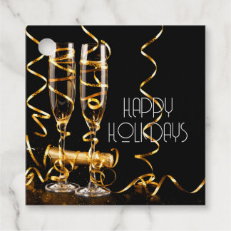 Étiquettes Cadeau Champagne Ruban Doré Joyeuses Fêtes