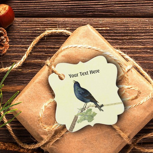 Étiquettes Cadeau Chant Blackbird sur Branche Caterpillar sur Jaune