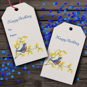 Étiquettes-cadeau Chanter oiseau bleu et rouge sur branche Fleurs ja