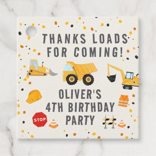 Étiquettes Cadeau Chariots de construction fête d'anniversaire (Devant)