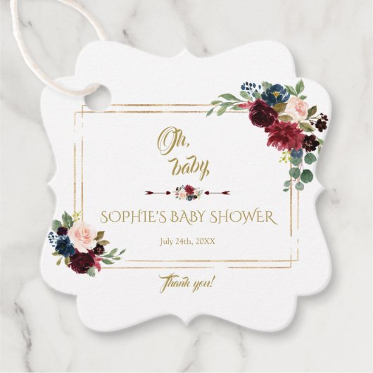 Étiquettes Cadeau Charm Gold Merlot Marine Blue Floral Baby shower (Devant)