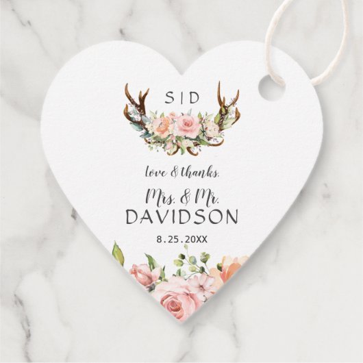 Étiquettes Cadeau Charm rose Fleurs rousses Antlers Mariage Monogram (Dos)
