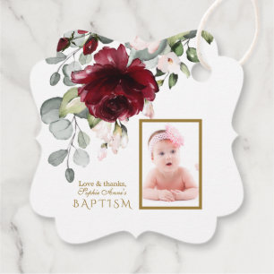 Étiquettes Cadeau Charmante Bourgogne Fleurs Fille Photo Baptême