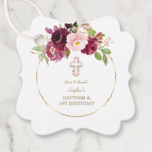 Étiquettes Cadeau Charme Bourgogne Fleurs Or 1er Anniversaire & Bapt