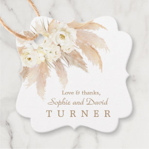 Étiquettes Cadeau Charme Roses Blanches Pampas Grass Mariage Or