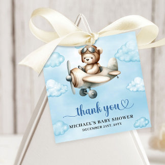 Étiquettes Cadeau Charming Teddy Bear Pilot Blue Brown Baby Shower