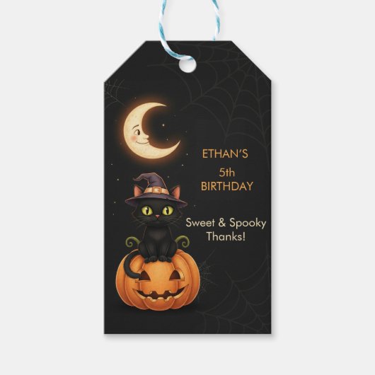 Étiquettes-cadeau Chat à sorcière mignonne et Citrouille Anniversair (Devant)