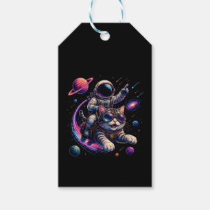 Étiquettes-cadeau Chat astronaute chevauchant à travers l'espace