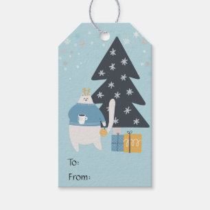 Étiquettes-cadeau Chat blanc chandail bleu ornement de noël arbre
