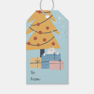 Étiquettes-cadeau Chat blanc sous l'arbre de Noël cadeaux Gif