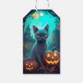 Étiquettes-cadeau Chat bleu russe d'Halloween avec la peur Citrouill (Devant)