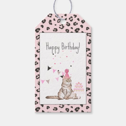 Étiquettes-cadeau Chat de fête d'anniversaire avec Empreinte de léop (Devant)