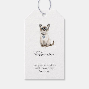 Étiquettes-cadeau Chat de Noël flocon de neige bleu