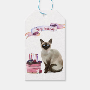 Étiquettes-cadeau Chat de Siamese avec un gâteau d'anniversaire du c