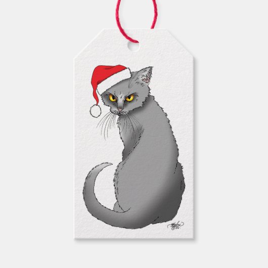 Étiquettes-cadeau Chat gris de Noël amusant (Devant)
