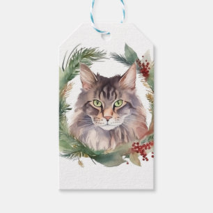 Étiquettes-cadeau Chat Maine Coon Couronne de Noël Kitten Festif