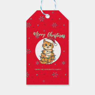 Étiquettes-cadeau Chat moderne joyeux rouge flocon de neige Noël cha