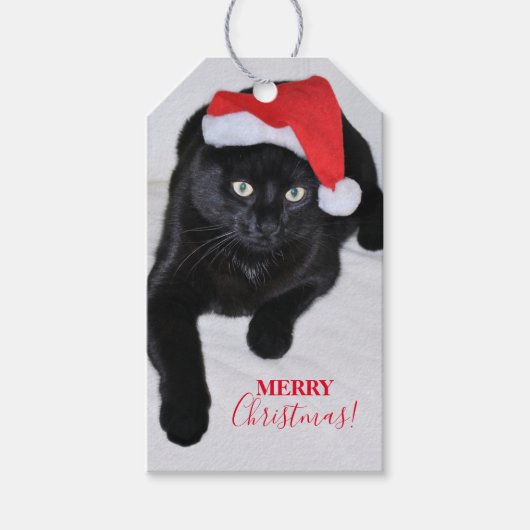 Étiquettes-cadeau Chat noir avec chapeau de Père Noël Rouge (Devant)