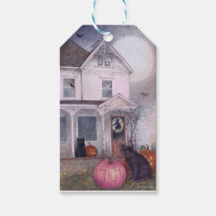 Étiquettes-cadeau Chat noir Citrouille rose et maison hantée Hallowe