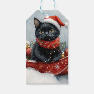 Étiquettes-cadeau Chat noir dans un traîneau Laissez tomber la neige