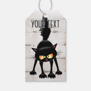 Étiquettes-cadeau Chat noir de dessin animé drôle et féroce