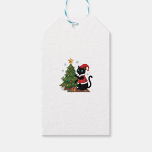 Étiquettes-cadeau Chat noir de Noël Chapeau de Père Noël Arbre Souri