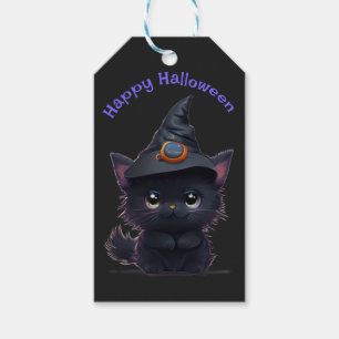 Étiquettes-cadeau Chat noir d'Halloween blanc mignon