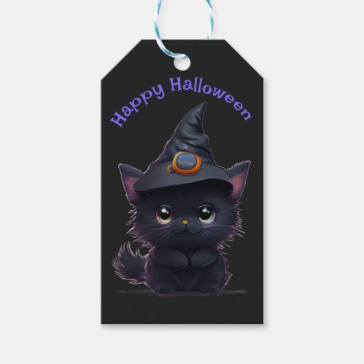 Étiquettes-cadeau Chat noir d'Halloween blanc mignon (Devant)