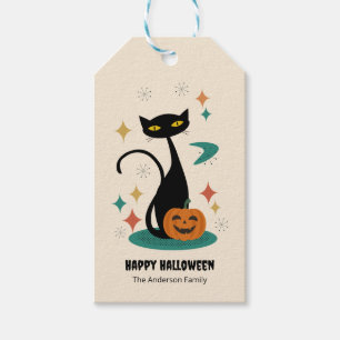Étiquettes-cadeau Chat noir du milieu du siècle d'Halloween