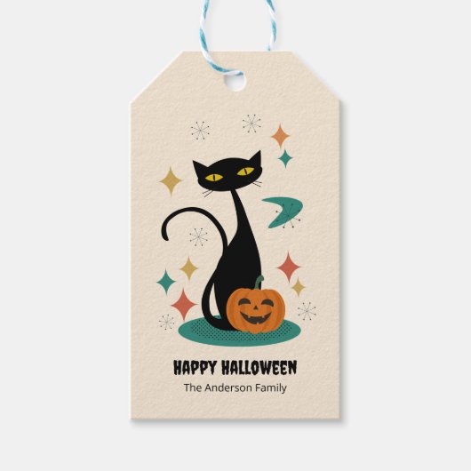 Étiquettes-cadeau Chat noir du milieu du siècle d'Halloween (Devant)