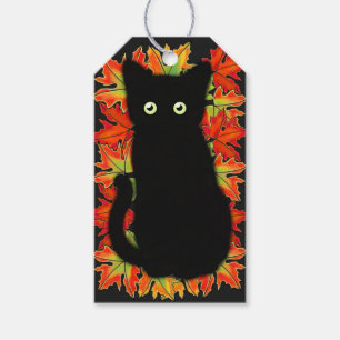 Étiquettes-cadeau Chat noir, Feuilles d'automne motif, Halloween amu