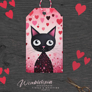 Étiquettes-cadeau Chat noir Heureuse Sainte-Valentin et Coeurs roses
