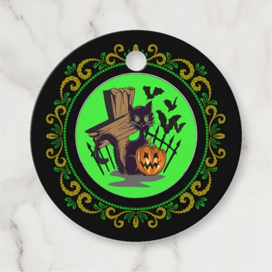 Étiquettes Cadeau Chat noir jaune Chat Tombstone Chats Halloween (Devant)