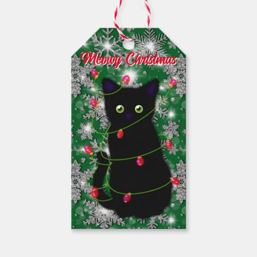 Étiquettes-cadeau Chat noir mignon Meowy Noël (Devant)