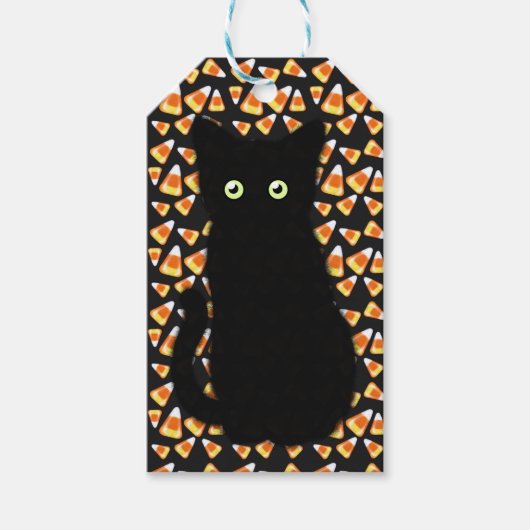 Étiquettes-cadeau Chat noir, motif de maïs, Halloween amusant (Devant)