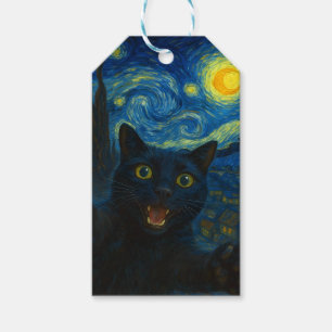 Étiquettes-cadeau Chat noir Starry Nuit Van Gogh Chat Selfie
