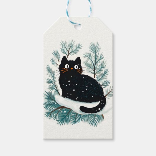 Étiquettes-cadeau Chat noir sur le sapin de Noël mignon (Devant)