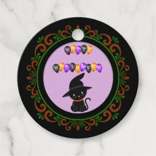 Étiquettes Cadeau Chat noir vert orange Joyeux Ballons d'Halloween