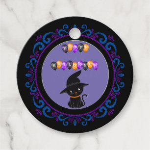 Étiquettes Cadeau Chat noir violet bleu Joyeux Ballons d'Halloween