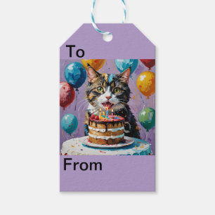 Étiquettes-cadeau Chat Profitant De L'Art Acrylique Du Gâteau Annive