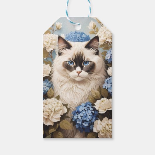 Étiquettes-cadeau Chat Ragdoll Avec Fleurs Bleues D'Hydrangée (Devant)