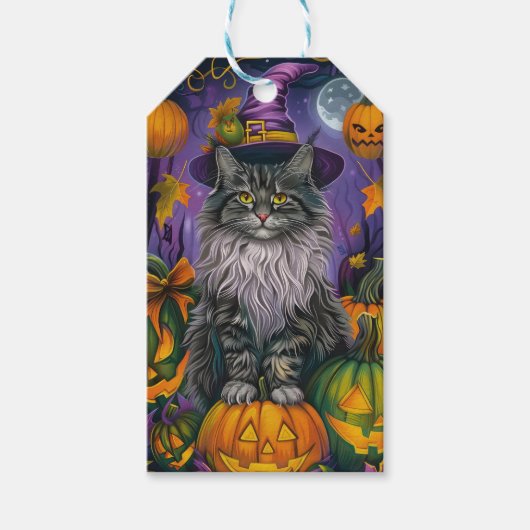Étiquettes-cadeau Chat Sibérien éffrayant Halloween sorcière et Citr (Devant)