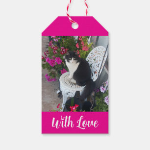 Étiquettes-cadeau Chat Smoking Fleurs Filles Nom Rose Foncé