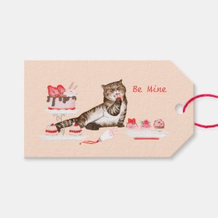 Étiquettes-cadeau Chat Valentine avec sucreries et boulangerie rose