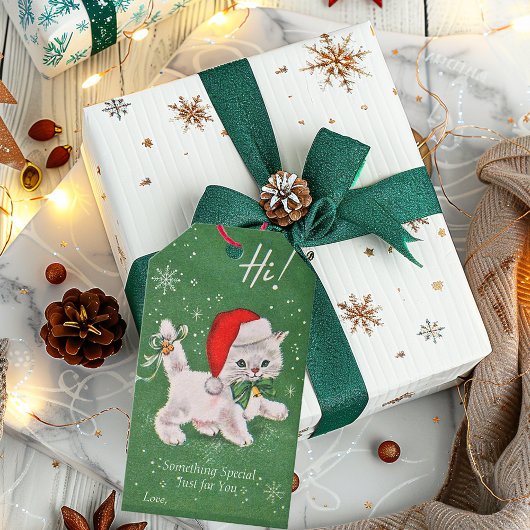 Étiquettes-cadeau Chaton blanc Noël Nœud vert Cloches dorées