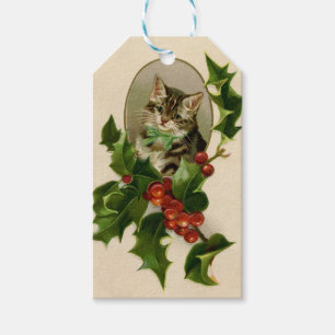 Étiquettes-cadeau Chaton de Noël victorien au houx antique tabby