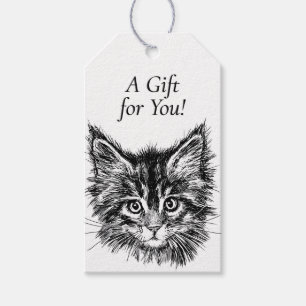Étiquettes-cadeau Chaton noir et blanc face à un cadeau pour vous