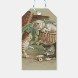 Étiquettes-cadeau Chatons victoriens vintage jouant dans un panier à